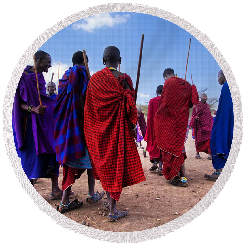 Village Round Beach Towel featuring the photograph Maasai men in their ritual dance in their village in Tanzania #1 by Michal Bednarek