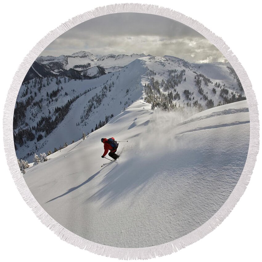 Adventure Round Beach Towel featuring the photograph Man Skiing, Valhalla Mountain Touring #1 by Whit Richardson