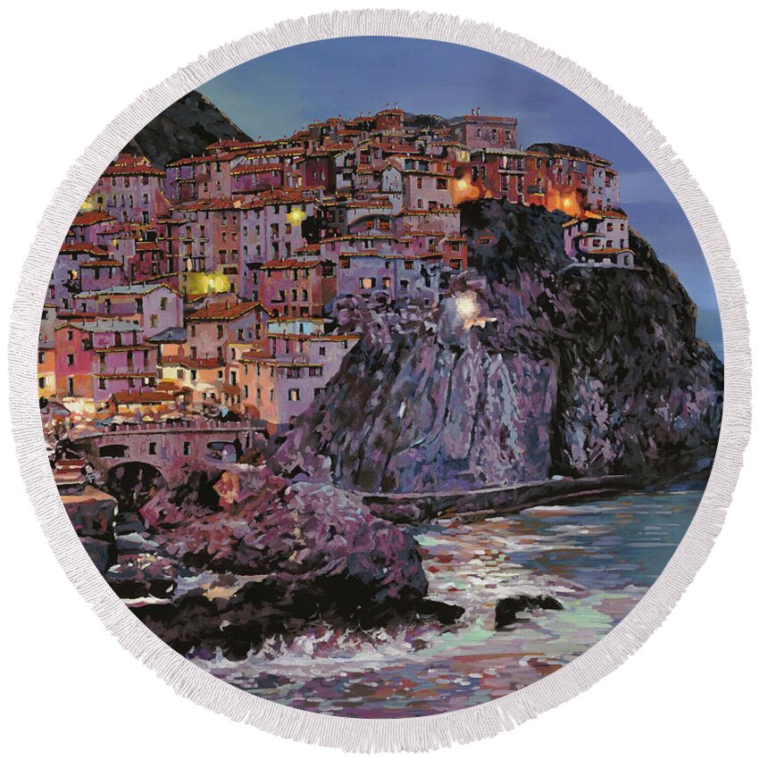 Manarola Round Beach Towel featuring the painting Manarola al crepuscolo by Guido Borelli