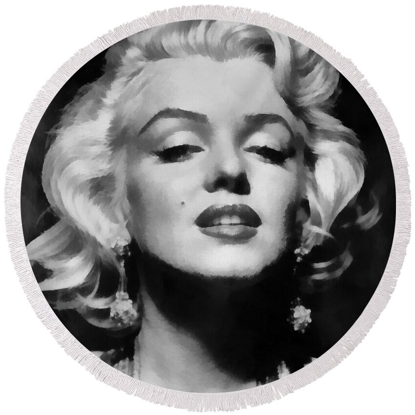 Marilyn Monroe Round Beach Towel featuring the digital art Marilyn Monroe - Black and White #1 by Georgia Clare