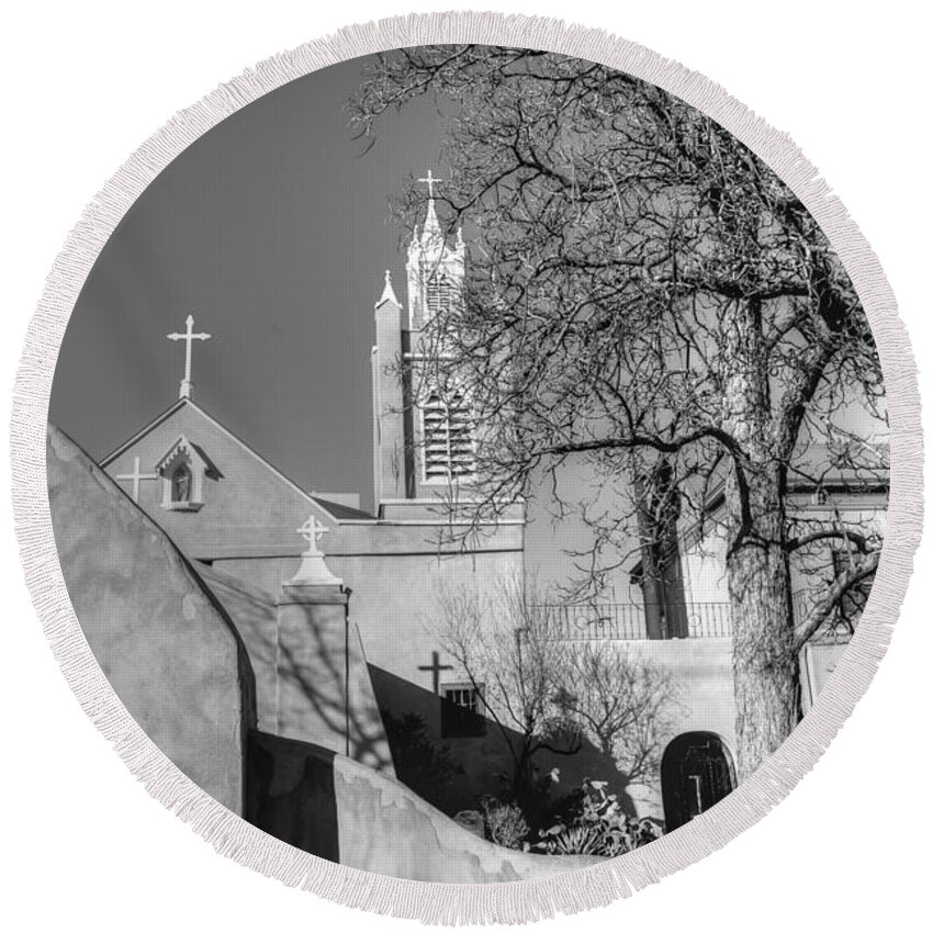 New Mexico Round Beach Towel featuring the photograph Mission in Black and White by Bill Hamilton