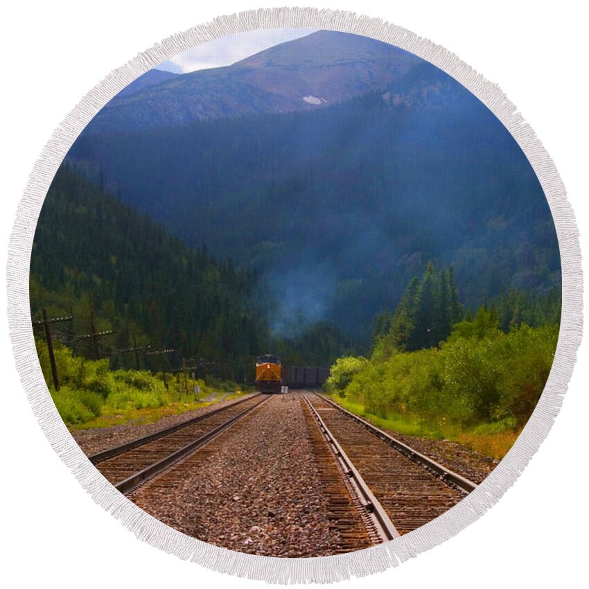 Railroad Round Beach Towel featuring the photograph Misty Mountain Train #1 by Steven Krull