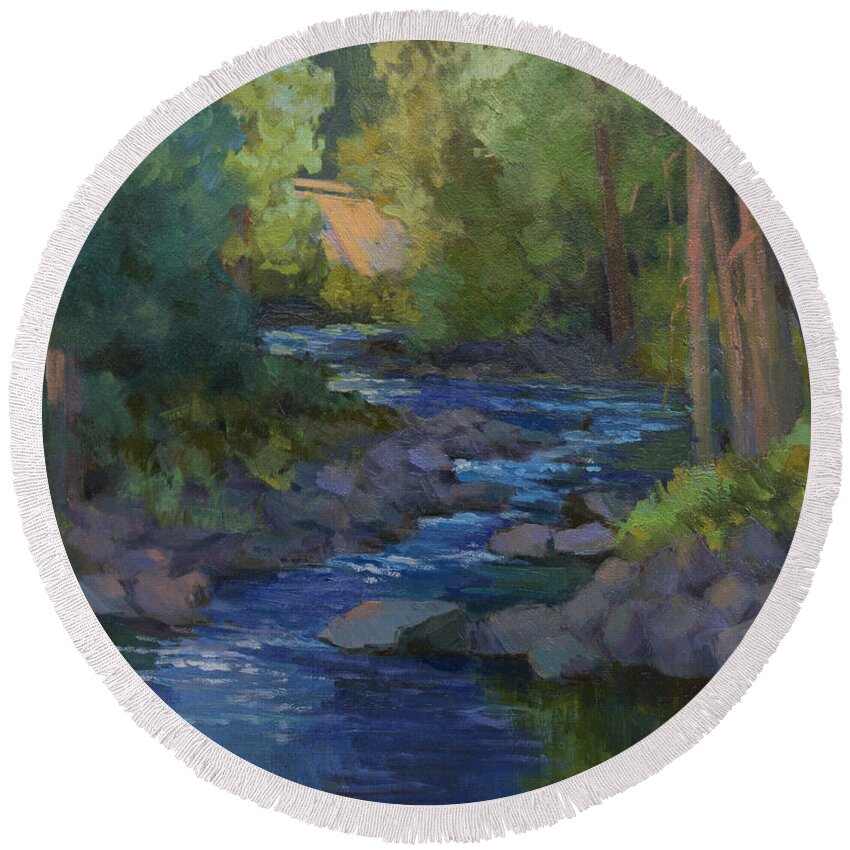 Swauk Creek Round Beach Towel featuring the painting Morning at Swauk Creek #1 by Diane McClary