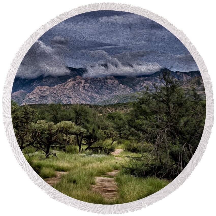 Santa Catalina Mountains Round Beach Towel featuring the photograph Odyssey Into Clouds Oil by Mark Myhaver