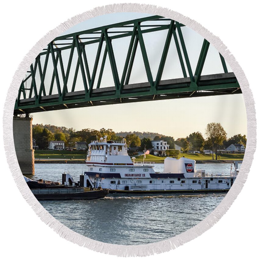 Barge Round Beach Towel featuring the photograph Ohio River Barge #3 by Holden The Moment