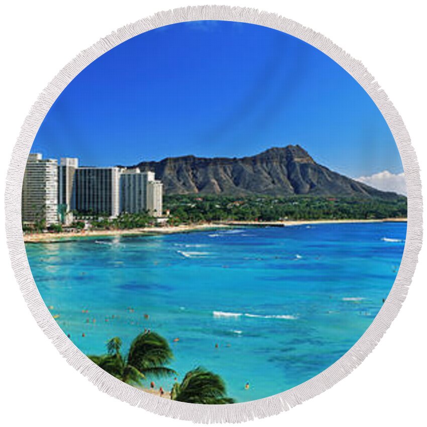 Photography Round Beach Towel featuring the photograph Palm Trees On The Beach, Diamond Head #1 by Panoramic Images