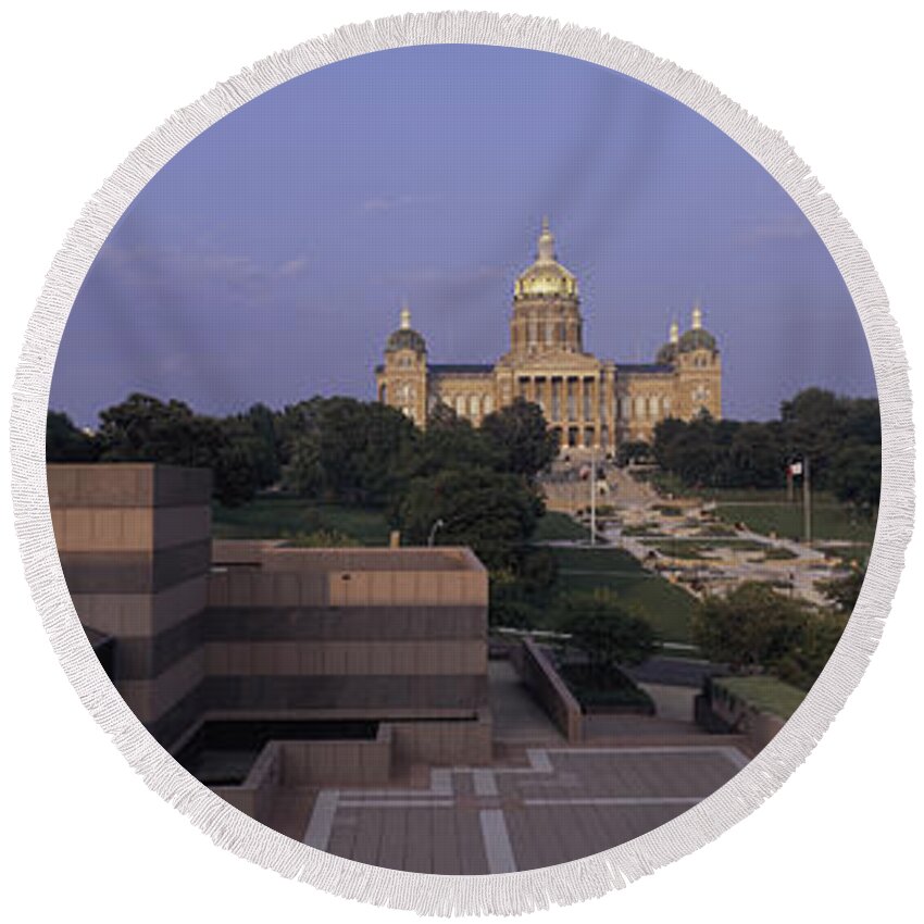 Photography Round Beach Towel featuring the photograph Panoramic View Of Iowa State Capitol #1 by Panoramic Images