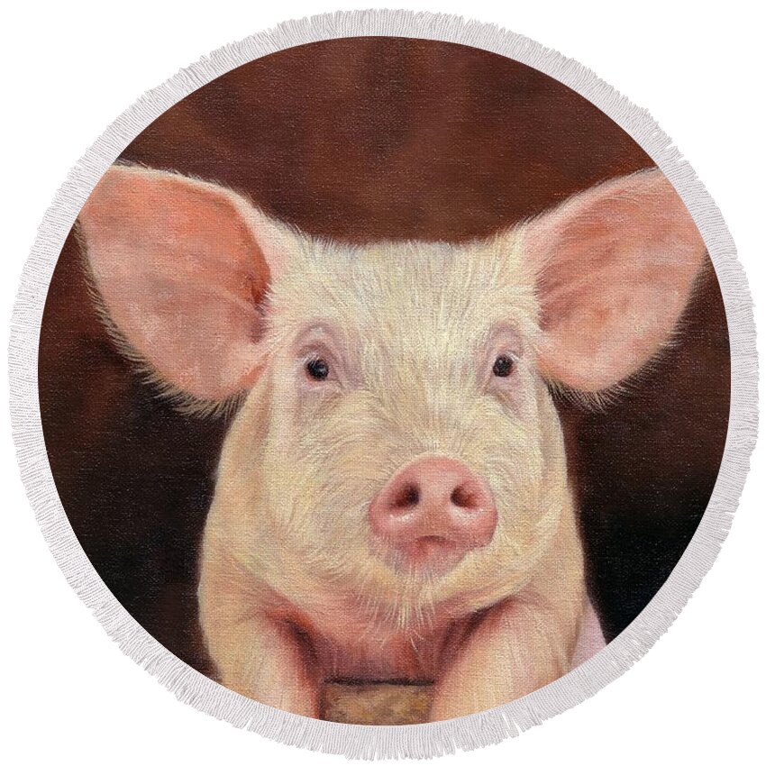 Pig Round Beach Towel featuring the painting Pig #1 by David Stribbling