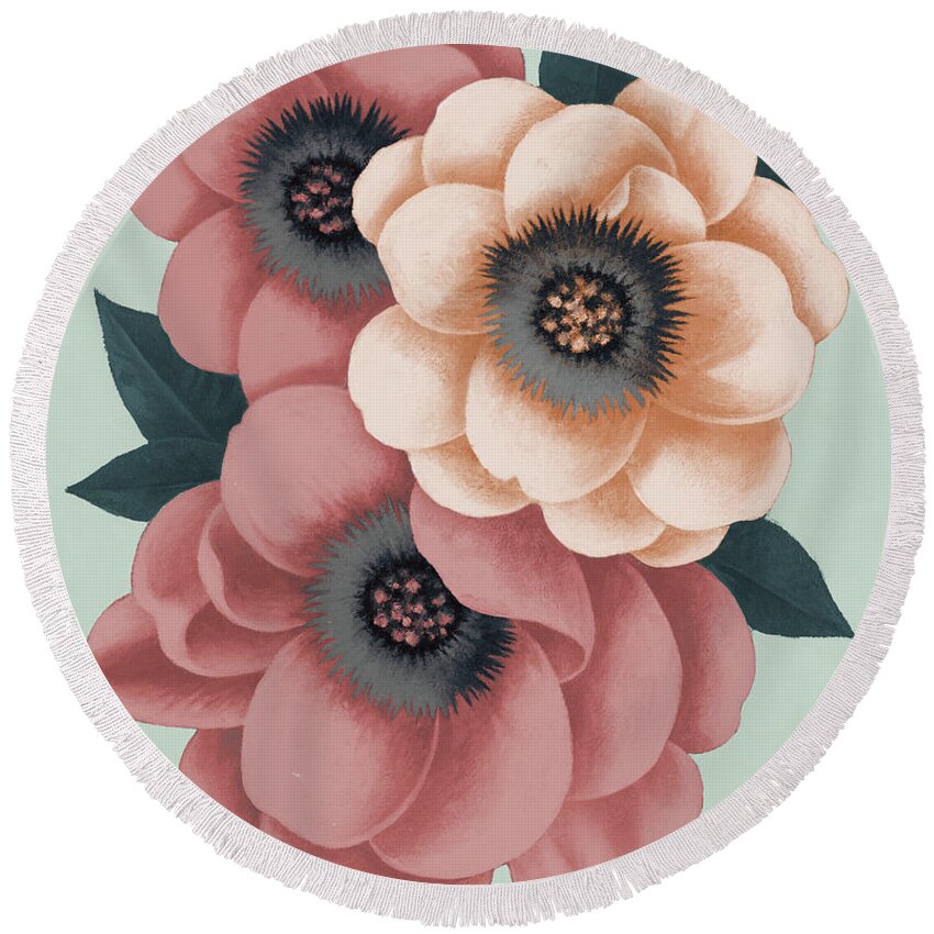 Pink Round Beach Towel featuring the painting Pink Flowers On Mint I #1 by Vivien Rhyan