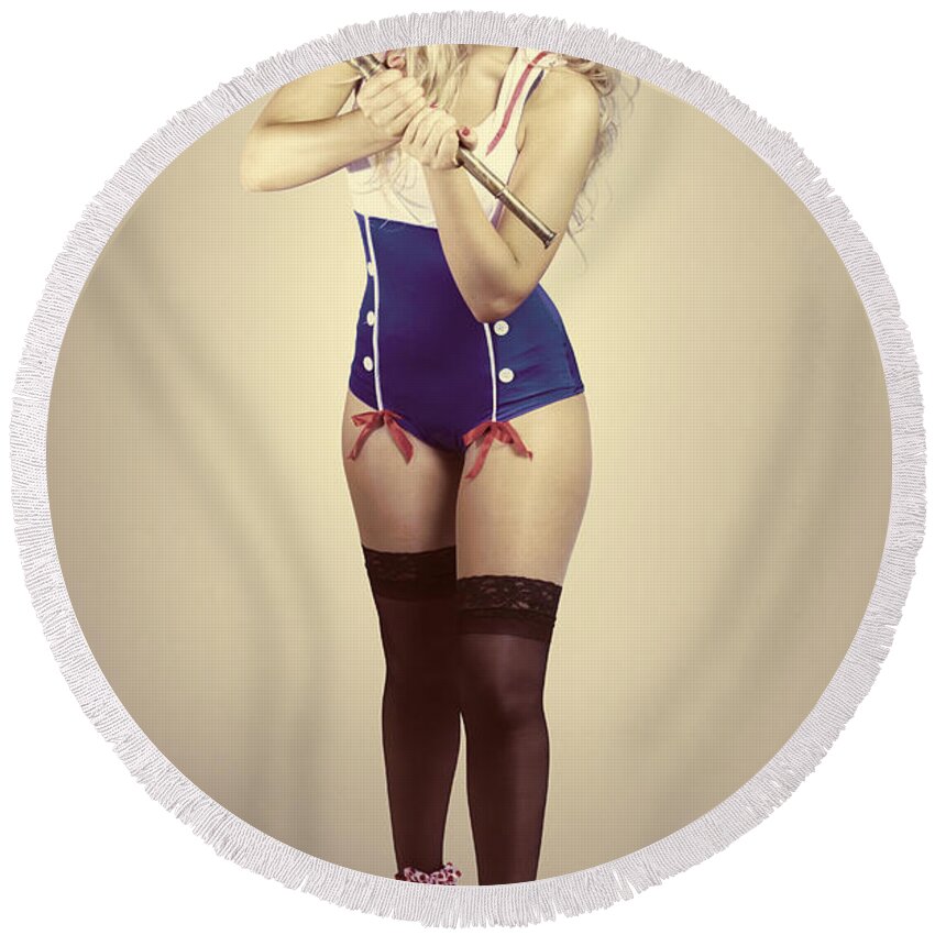 Beautiful Round Beach Towel featuring the photograph Pinup sailor girl with antique telescope #1 by Jorgo Photography