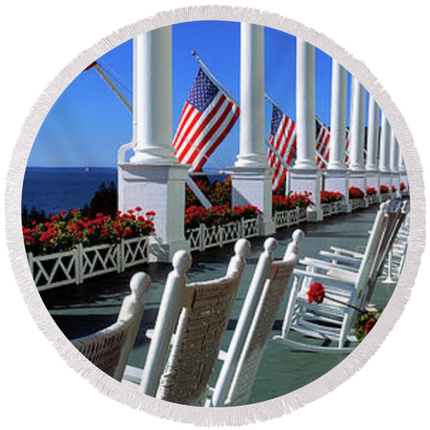 Photography Round Beach Towel featuring the photograph Porch Of The Grand Hotel, Mackinac #1 by Panoramic Images