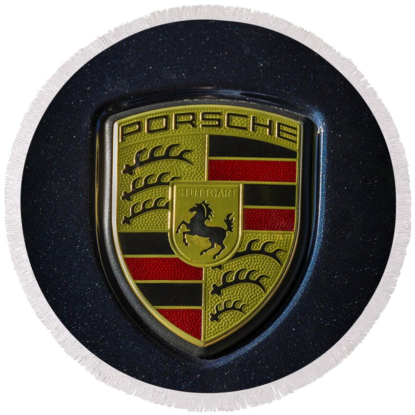 Car Round Beach Towel featuring the photograph Porsche logo #1 by Paulo Goncalves
