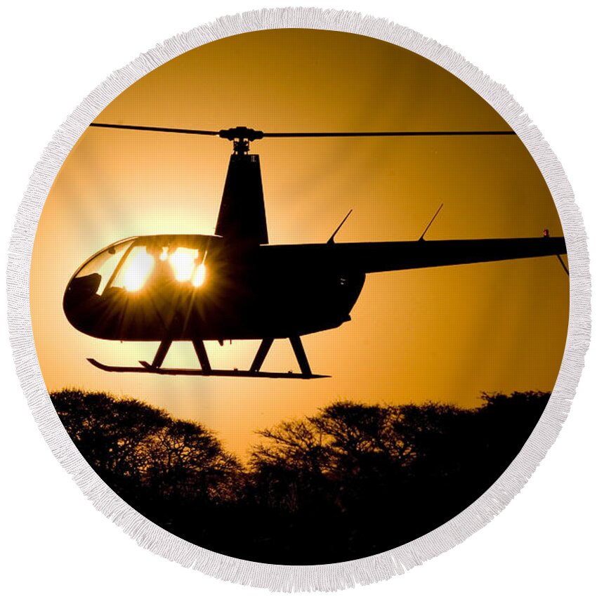 Helicopter Round Beach Towel featuring the photograph R44 Sunset #1 by Paul Job