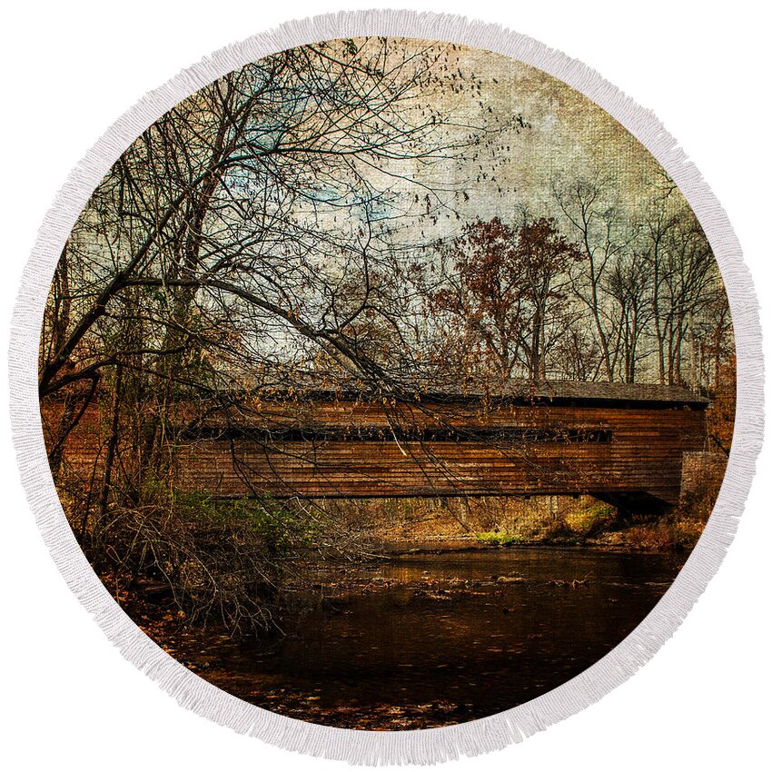 Enhanced Round Beach Towel featuring the photograph Rapps Dam Covered Bridge #1 by Judy Wolinsky