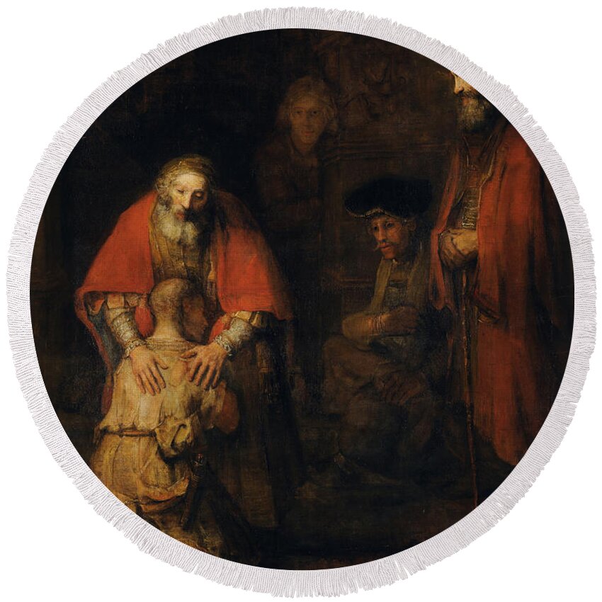 1665 Round Beach Towel featuring the painting Return of the Prodigal Son #1 by Rembrandt van Rijn