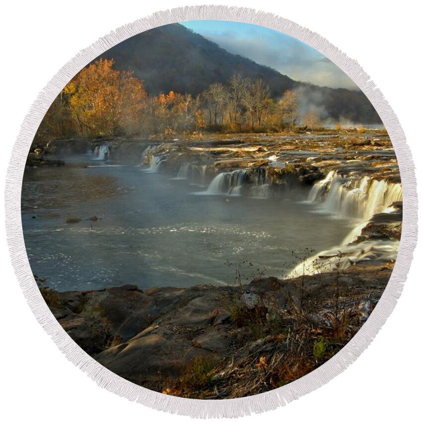 Sandstone Falls Round Beach Towel featuring the photograph Sandstone Falls At New River Gorge #1 by Adam Jewell