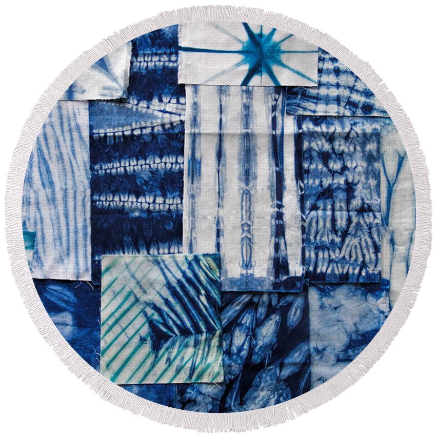 Aimee Stewart Round Beach Towel featuring the painting Shibori Patchwork Indigo #1 by MGL Meiklejohn Graphics Licensing