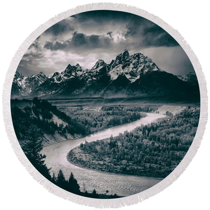 Ansel Adams Round Beach Towel featuring the photograph Snake River in the Tetons - 1930s #1 by Mountain Dreams