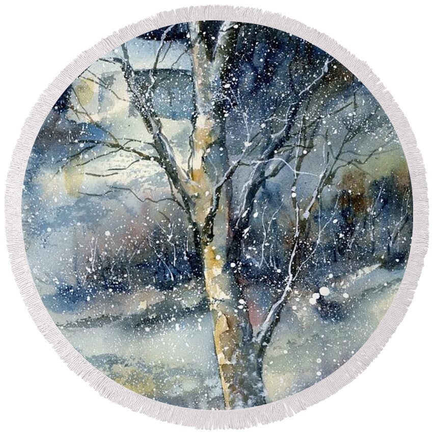 Landscape Round Beach Towel featuring the painting Snowfall by Virginia Potter