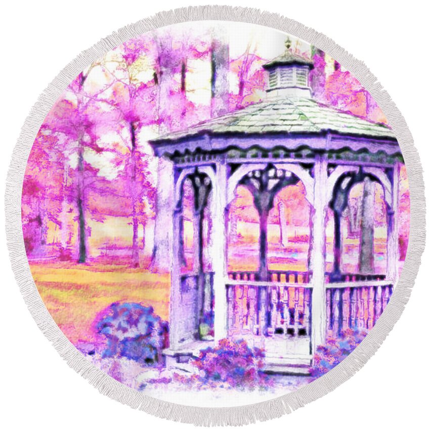 Nature Round Beach Towel featuring the photograph Spring Gazebo series - Digital Paint VI #1 by Debbie Portwood