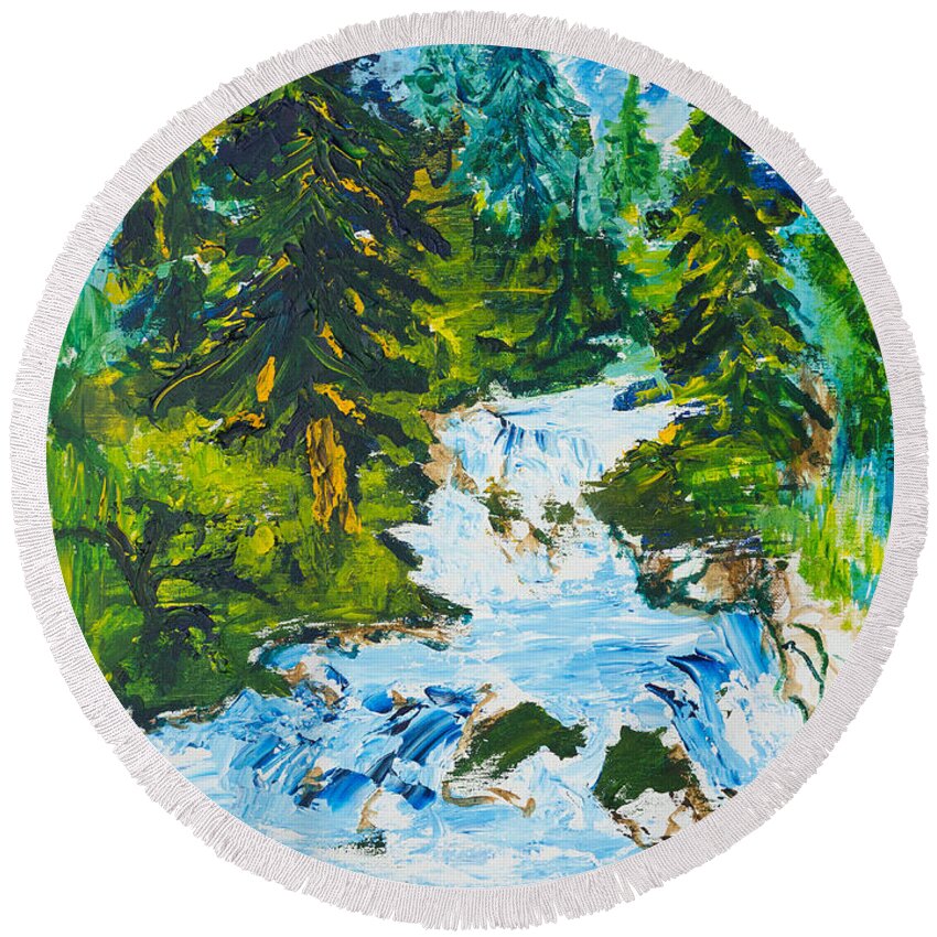 Trees Round Beach Towel featuring the painting Spring Runoff by Walt Brodis