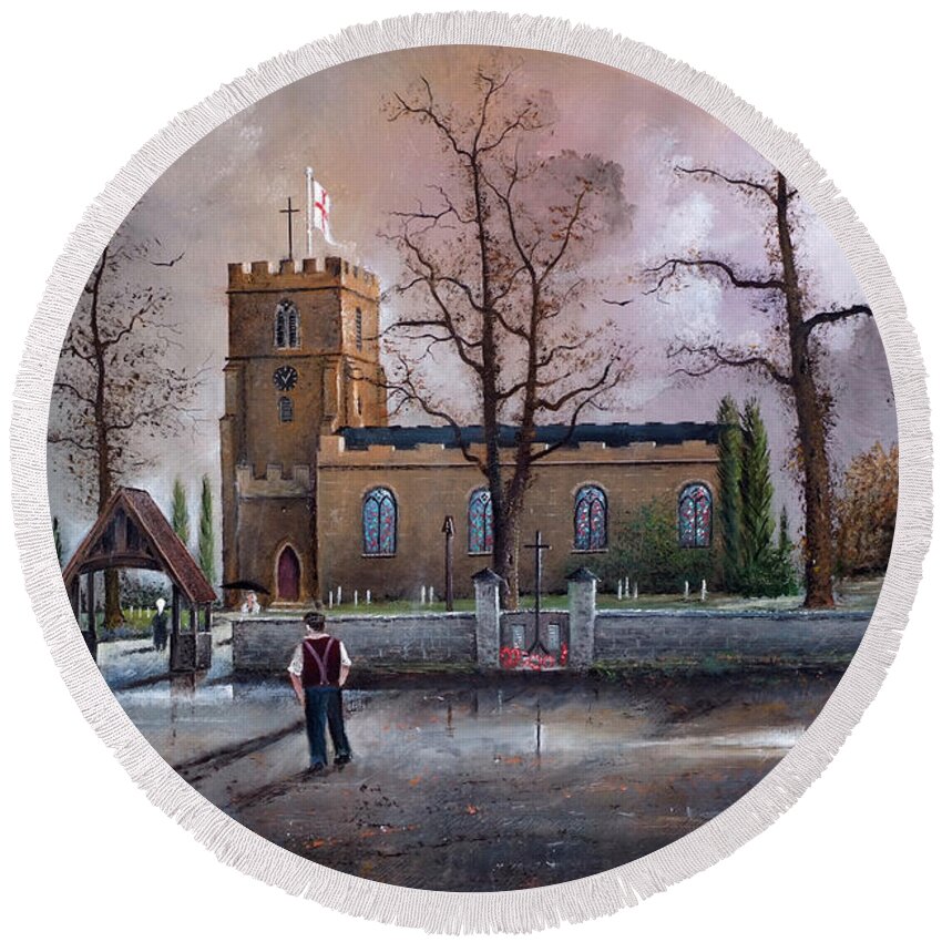 Countryside Round Beach Towel featuring the painting St. Mary's Church - Kingswinford - England by Ken Wood