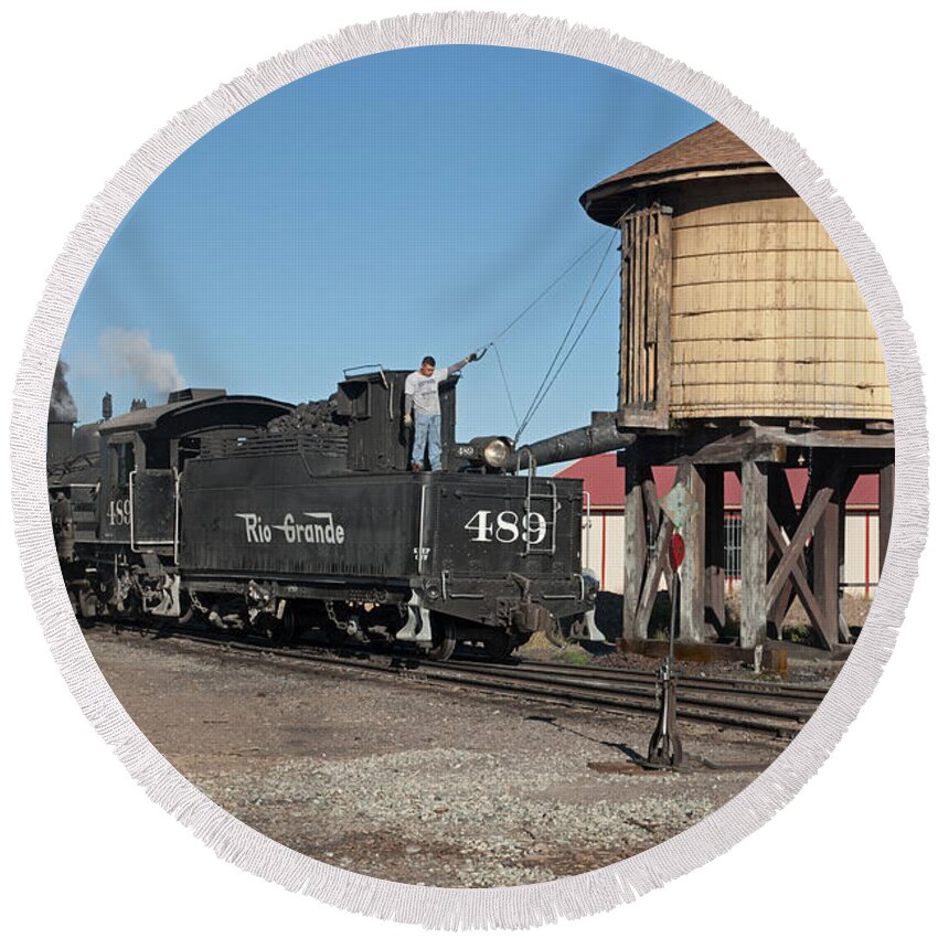 Antonito Round Beach Towel featuring the photograph Steam Engine 489 on the Cumbres and Toltec Scenic Railroad #1 by Fred Stearns