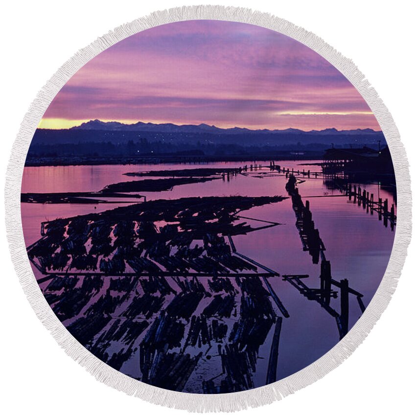 Canal Round Beach Towel featuring the photograph Sunrise Lumber Mill #1 by Jim Corwin