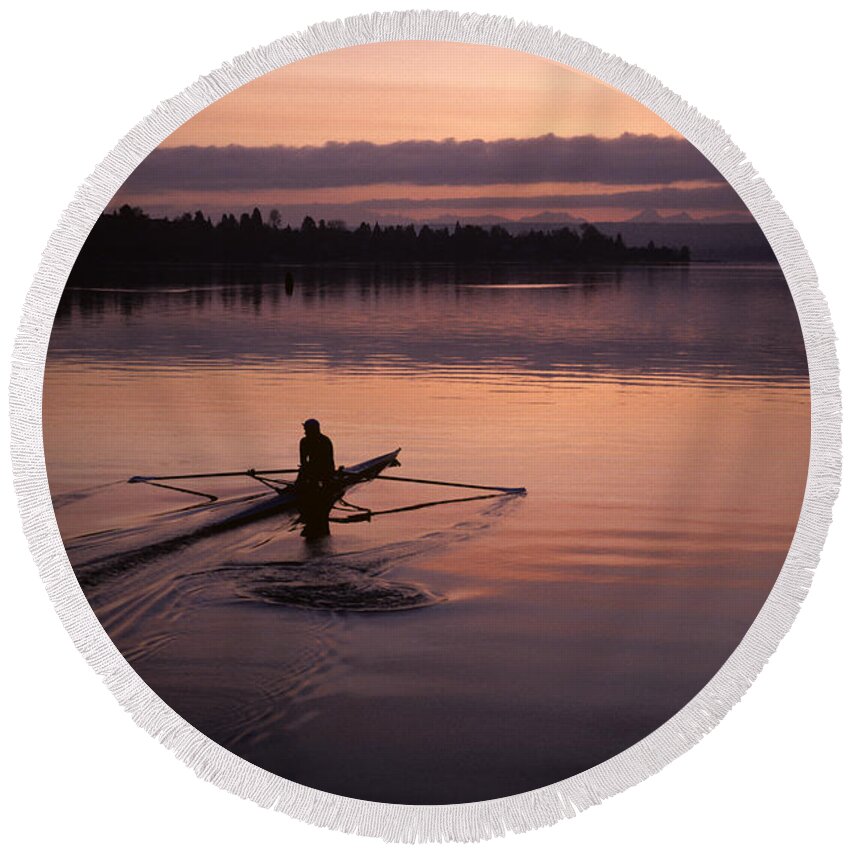 Athletics Round Beach Towel featuring the photograph Sunrise on the Montlake Cut crew rowing on calm waters #2 by Jim Corwin