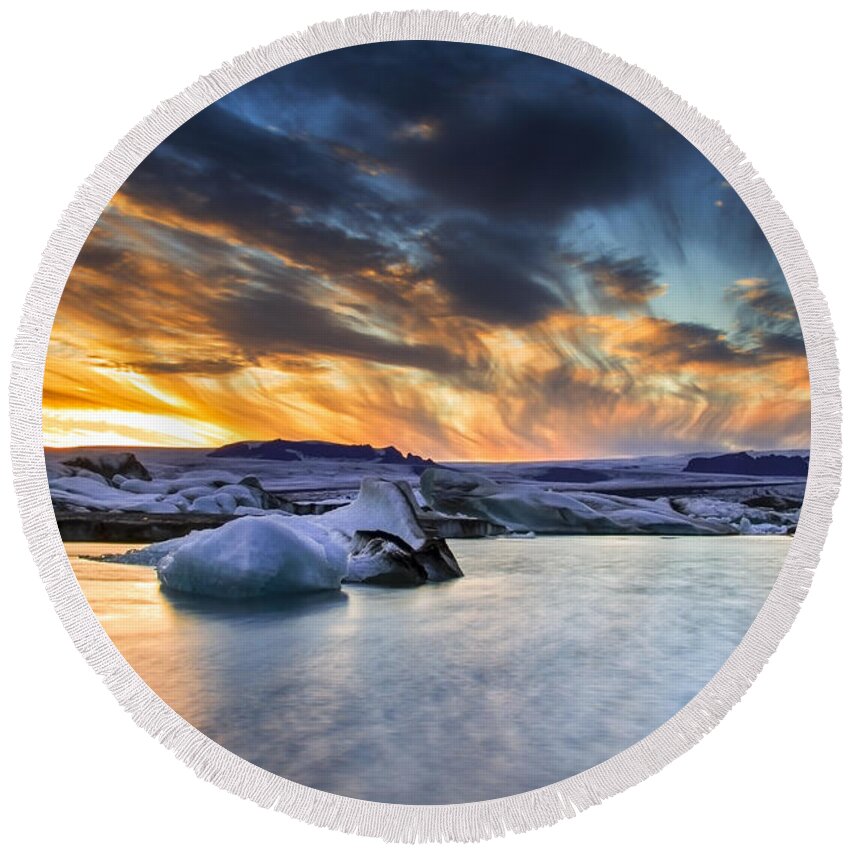 Sunset Round Beach Towel featuring the photograph sunset at Jokulsarlon iceland #2 by Gunnar Orn Arnason