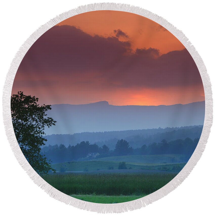 Mt. Mansfield Round Beach Towel featuring the photograph Sunset over Mt. Mansfield in Stowe Vermont by Don Landwehrle
