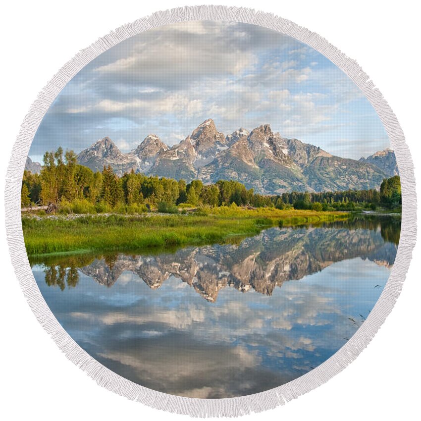 Awe Round Beach Towel featuring the photograph Teton Range Reflected in the Snake River #2 by Jeff Goulden