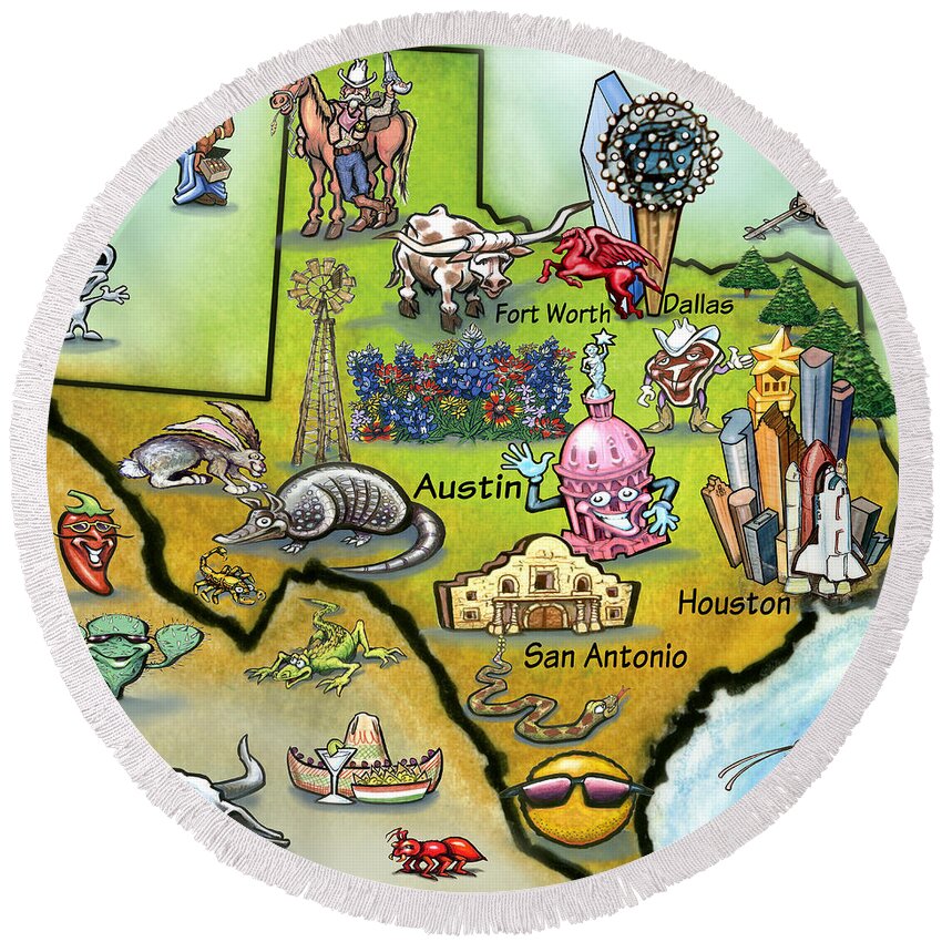 Texas Round Beach Towel featuring the digital art Texas Cartoon Map by Kevin Middleton