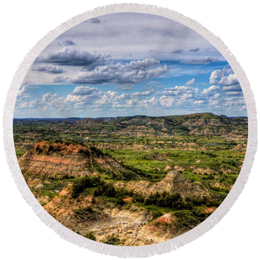 Painted Hills Round Beach Towel featuring the photograph The Badlands #1 by Jonny D