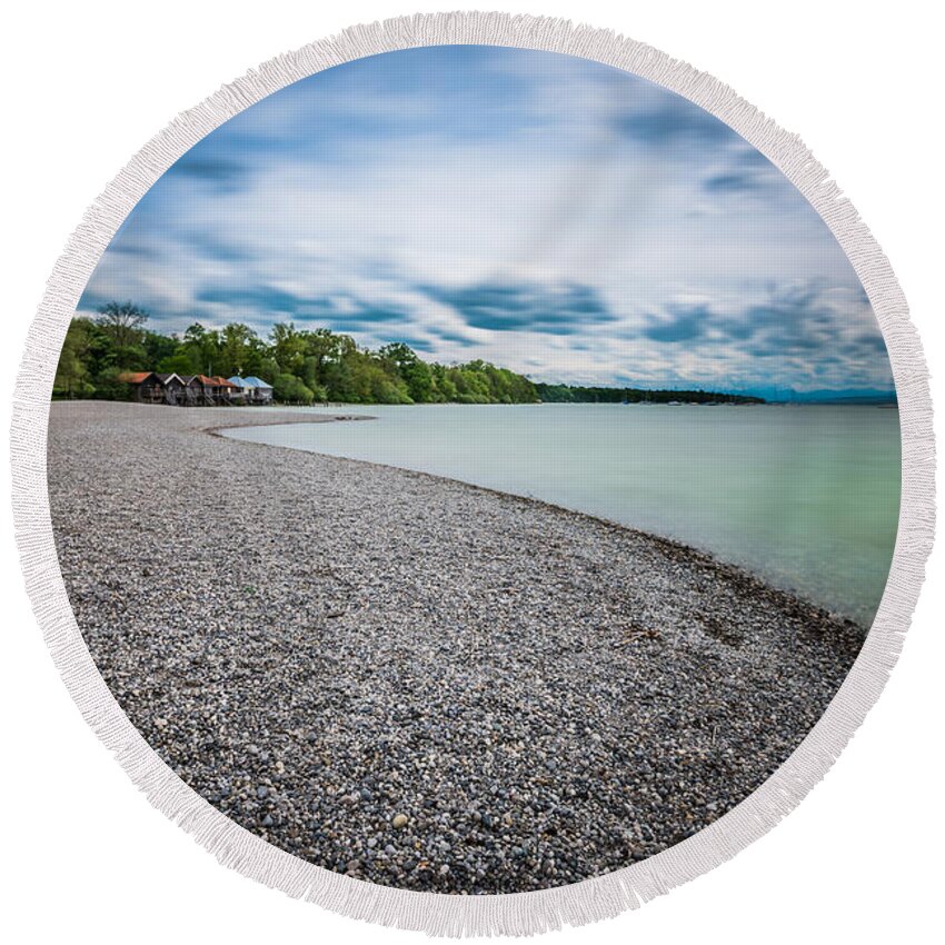 Ammersee Round Beach Towel featuring the photograph The beach by Hannes Cmarits