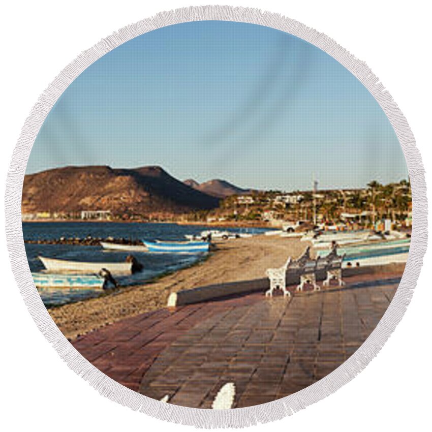 Photography Round Beach Towel featuring the photograph The Beachside Strolling Malecon #1 by Panoramic Images