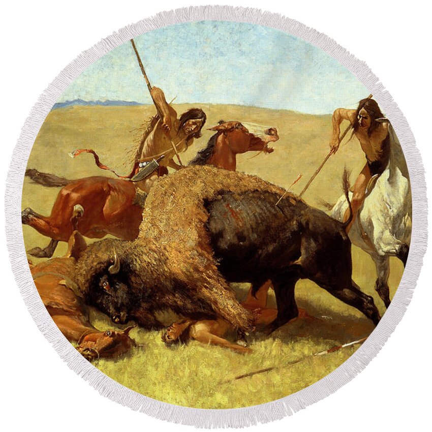 Frederic Remington Round Beach Towel featuring the painting The Buffalo Hunt #4 by Frederic Remington
