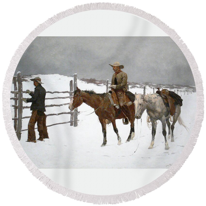 Frederic Remington Round Beach Towel featuring the painting The Fall of the Cowboy #3 by Frederic Remington
