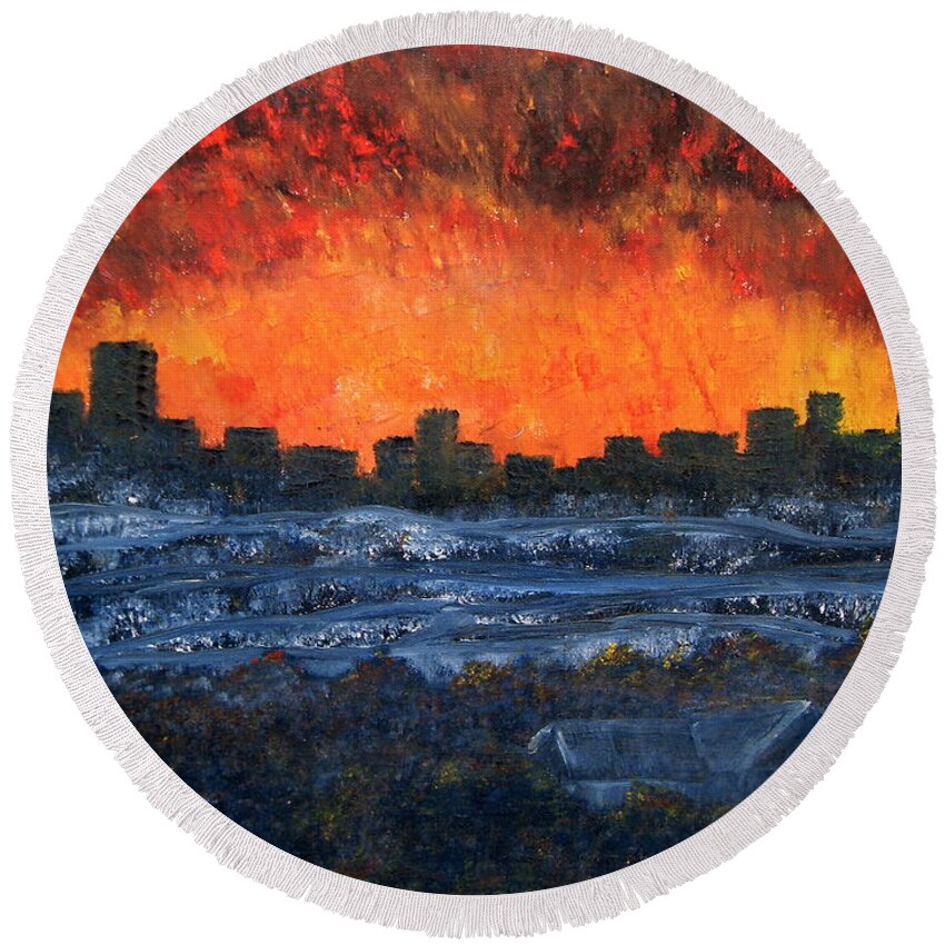 Bright Orange Round Beach Towel featuring the painting The Night the Lights Went Out by Vivian Cook