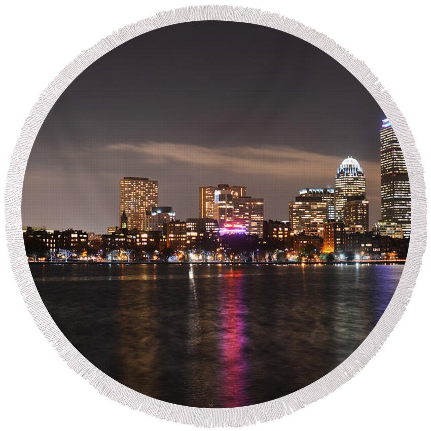 Boston Round Beach Towel featuring the photograph The Prudential lit up in red white and blue #1 by Toby McGuire