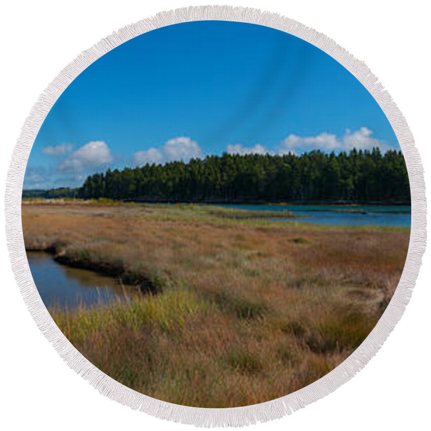 Thomson Island Round Beach Towel featuring the photograph Thompson Island in Maine panorama #1 by Michael Ver Sprill