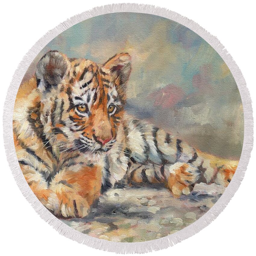 Tiger Round Beach Towel featuring the painting Tiger Cub #1 by David Stribbling