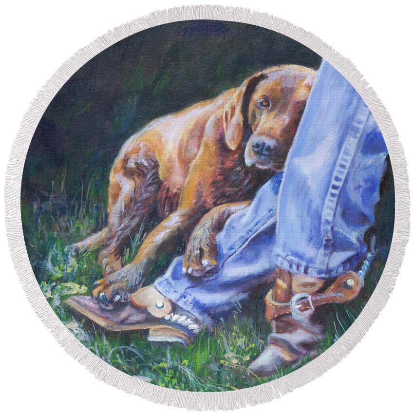 Dog Round Beach Towel featuring the painting Tired by Page Holland
