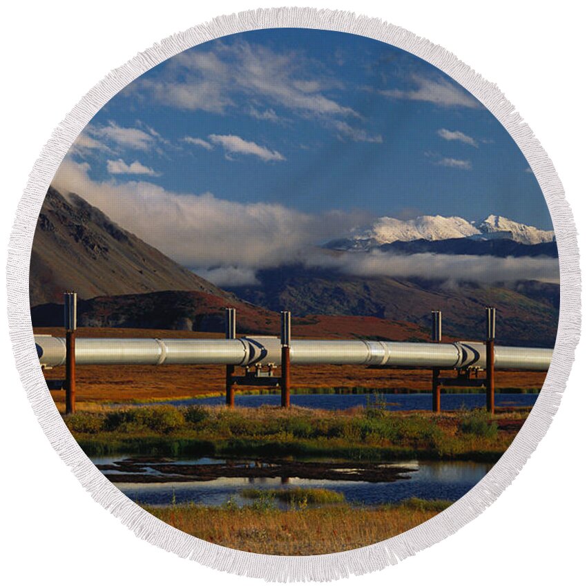 Alaska Industry Round Beach Towel featuring the photograph Trans-alaska Pipeline #1 by Thomas And Pat Leeson