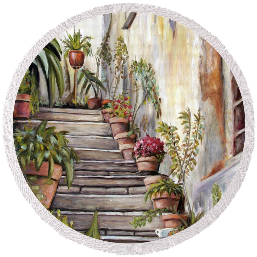 Tuscany Round Beach Towel featuring the painting Tuscan Steps by Melinda Saminski