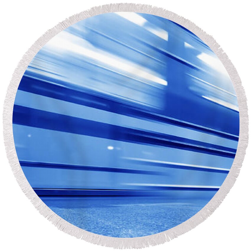 Background Round Beach Towel featuring the photograph Underground train dynamic motion #1 by Michal Bednarek