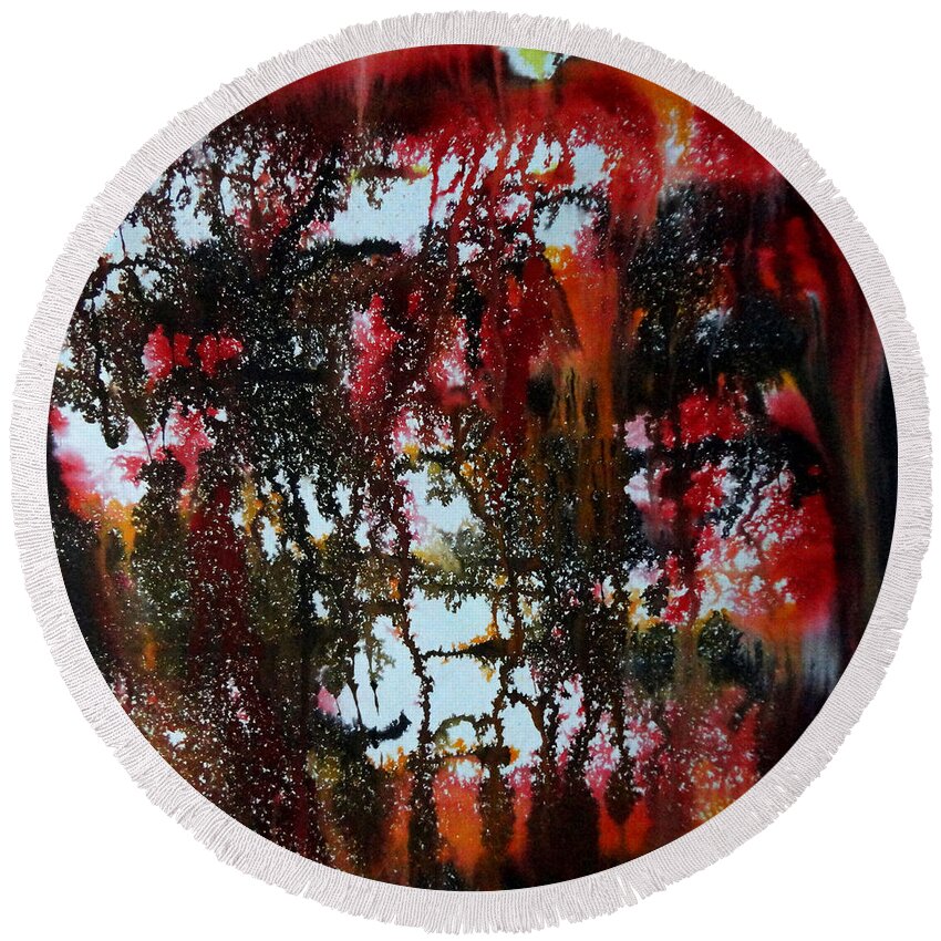 Art Round Beach Towel featuring the painting Red Forest by Tamal Sen Sharma