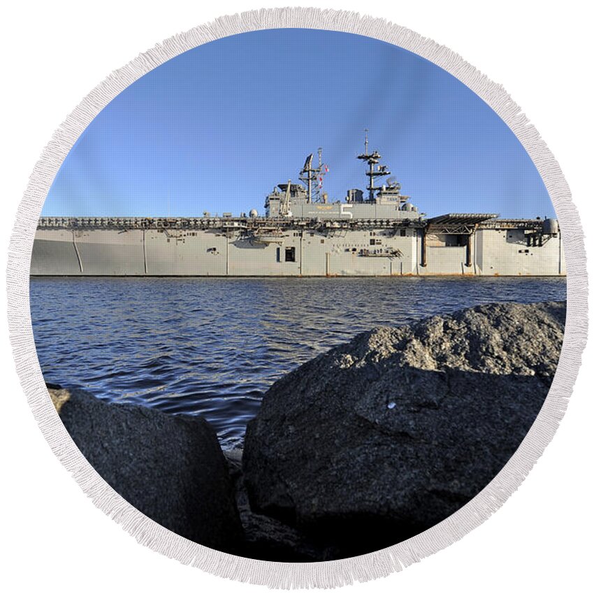 Navy Round Beach Towel featuring the photograph Uss Bataan Arrives At Naval Station #1 by Stocktrek Images