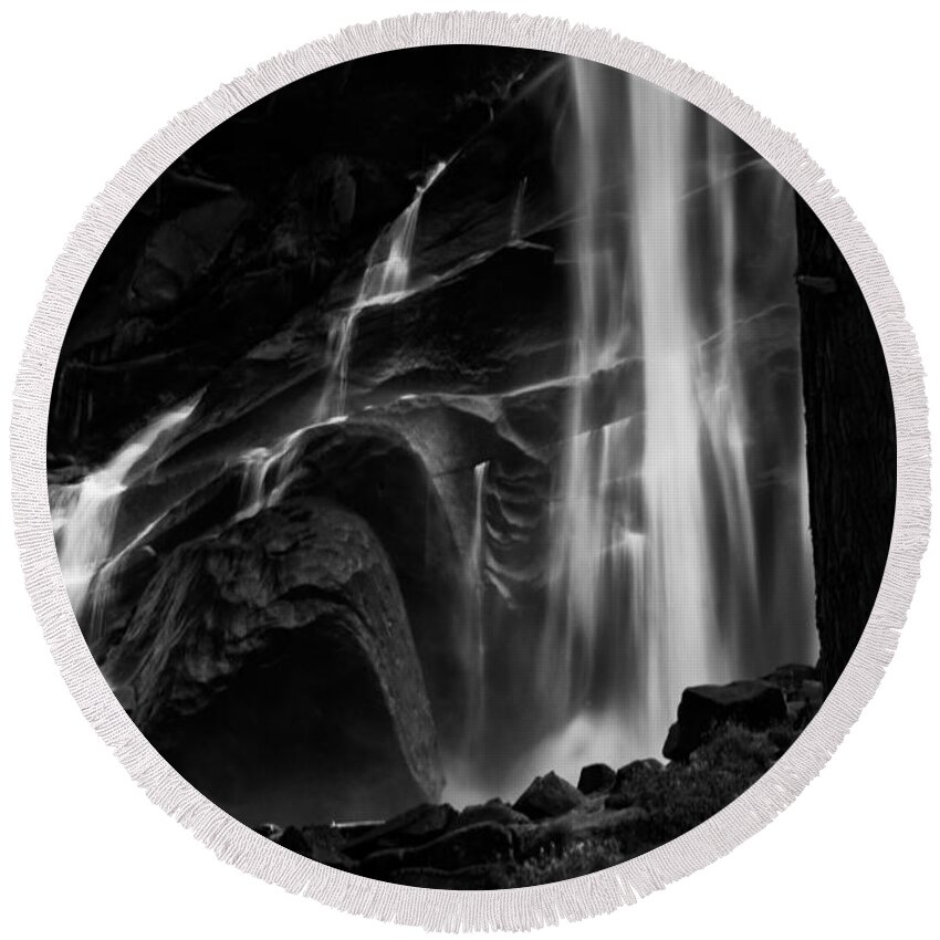 Water River Waterfall Mountains Yosemite National Park Sierra Nevada Landscape Scenic Nature California Sky Clouds Black White Round Beach Towel featuring the photograph Vernal Falls #1 by Cat Connor