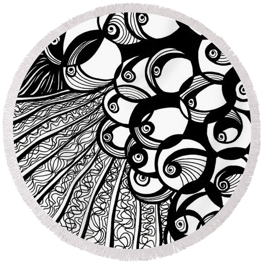 Vineyard Drawings Round Beach Towel featuring the drawing Vineyard Black and White #1 by Lynellen Nielsen
